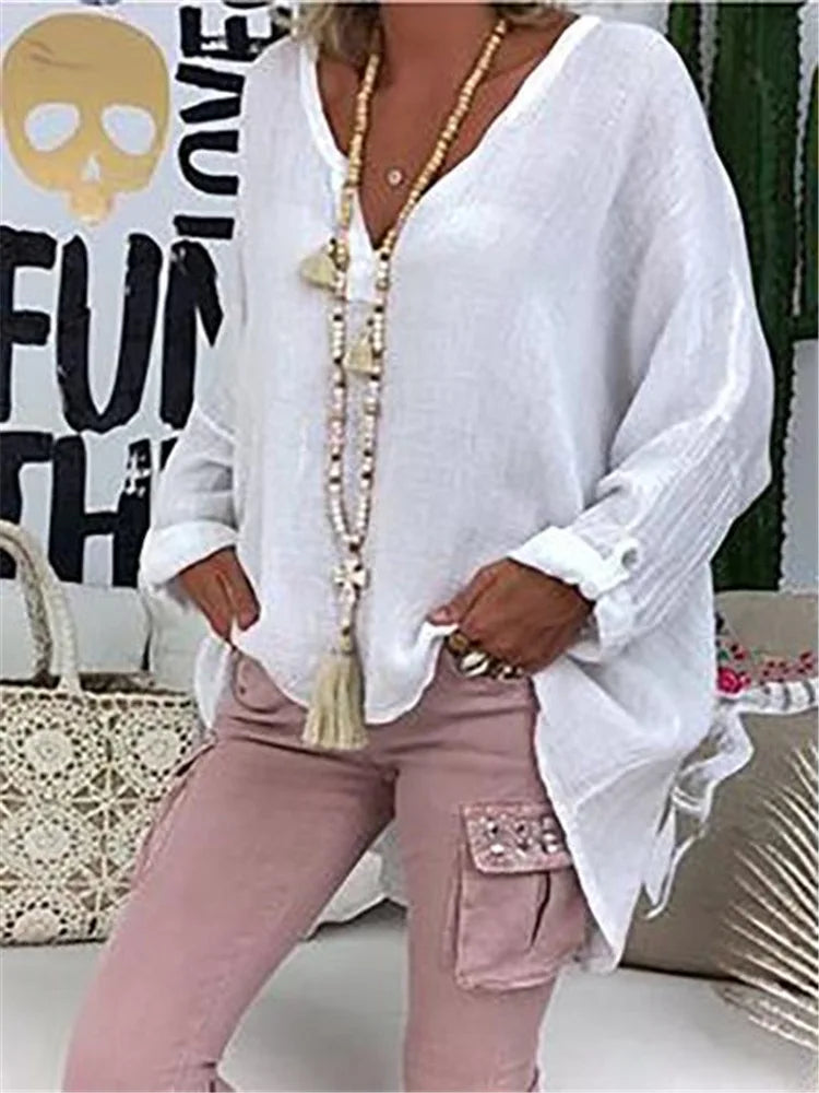 6-Color Loose Shirt Women's Casual Solid Color Top Spring Autumn V-Neck Long Sleeved Blouse