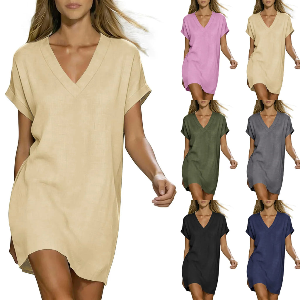 Summer Dresses Women Trendy 2026 Cotton Linen Short Sleeve Casual V Neck Dresses Loose T Shirt Beach платье