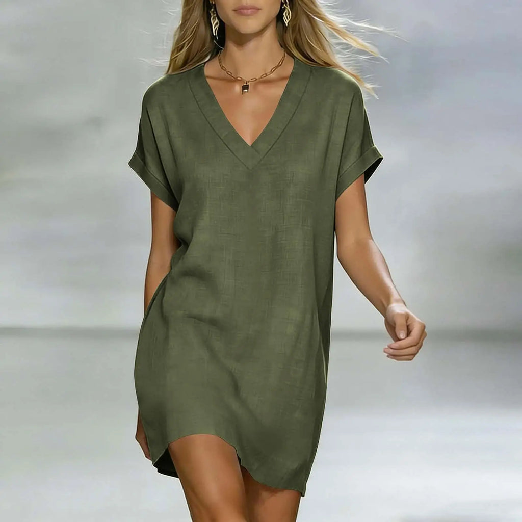 Summer Dresses Women Trendy 2026 Cotton Linen Short Sleeve Casual V Neck Dresses Loose T Shirt Beach платье