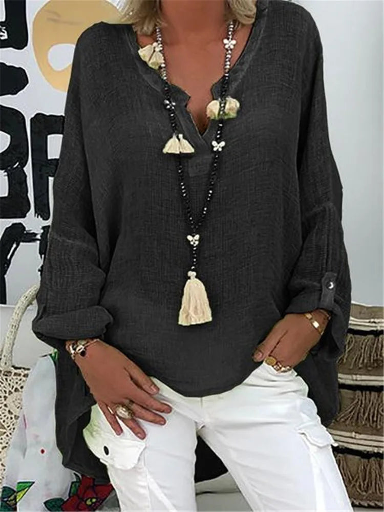 6-Color Loose Shirt Women's Casual Solid Color Top Spring Autumn V-Neck Long Sleeved Blouse
