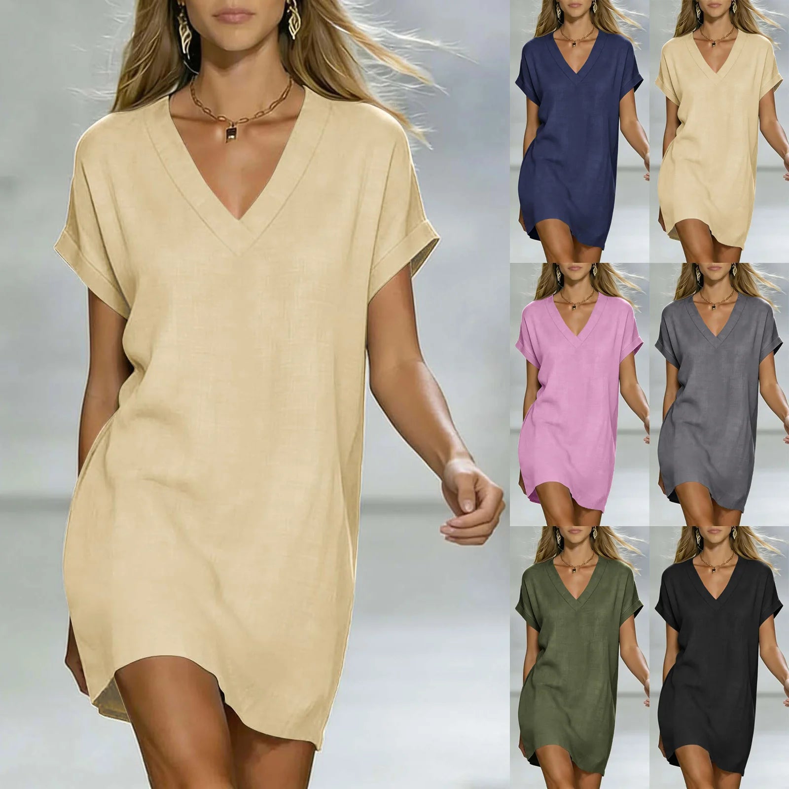 Summer Dresses Women Trendy 2026 Cotton Linen Short Sleeve Casual V Neck Dresses Loose T Shirt Beach платье