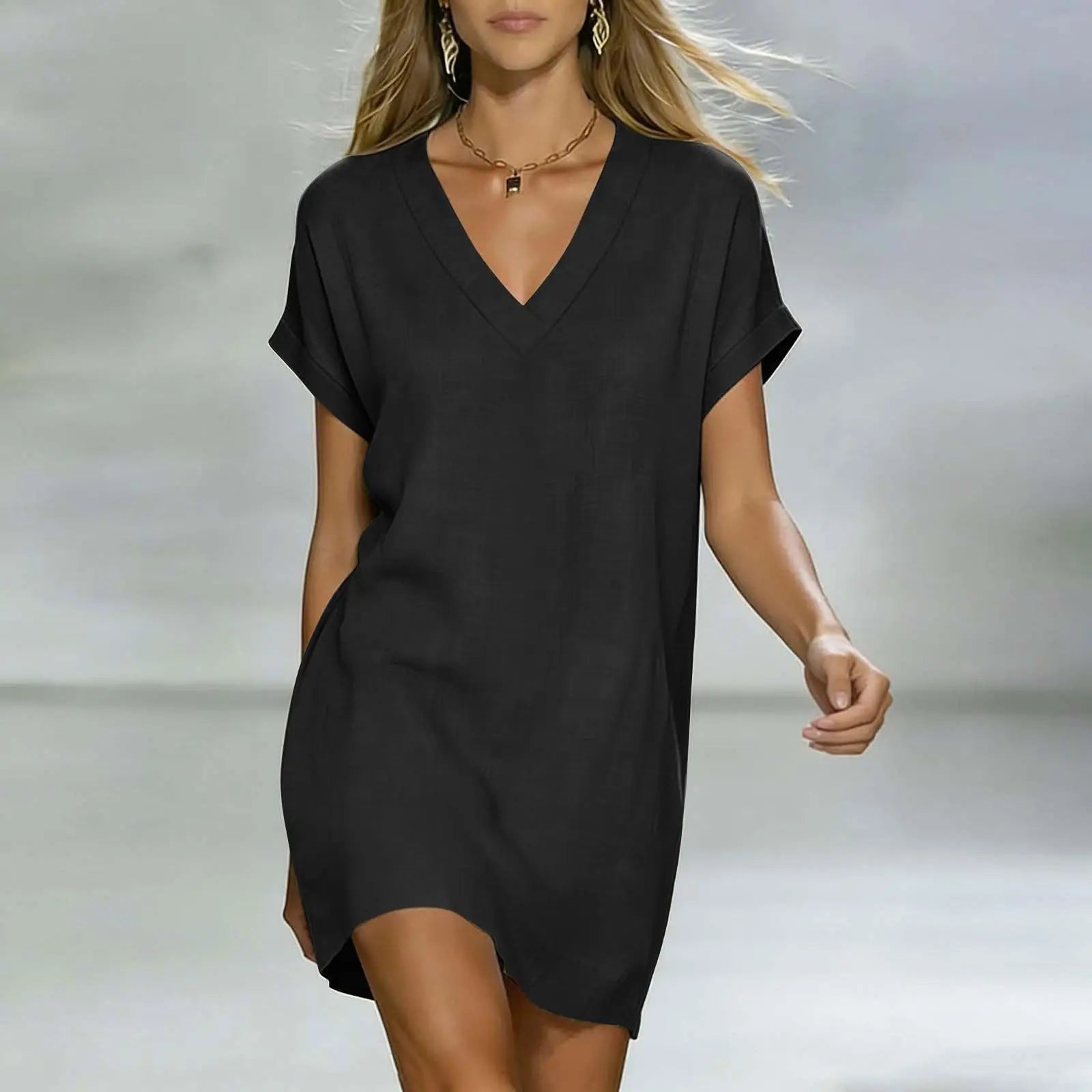Summer Dresses Women Trendy 2026 Cotton Linen Short Sleeve Casual V Neck Dresses Loose T Shirt Beach платье